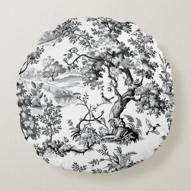Black Toile Print  Round Pillow (Front)