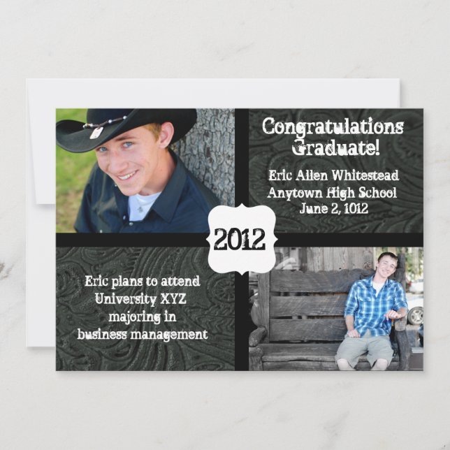 Black Tooled Leather Photo Graduation Announcement (Front)