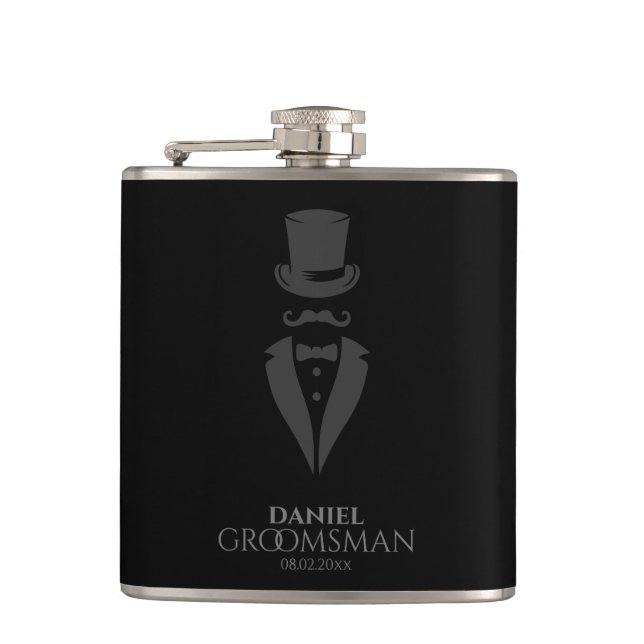 Black Top-hat & Tux Personalized Groomsmen Flask (Front)