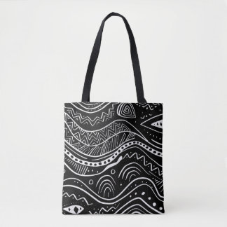 Black Tote Bag with Abstract White Pattern