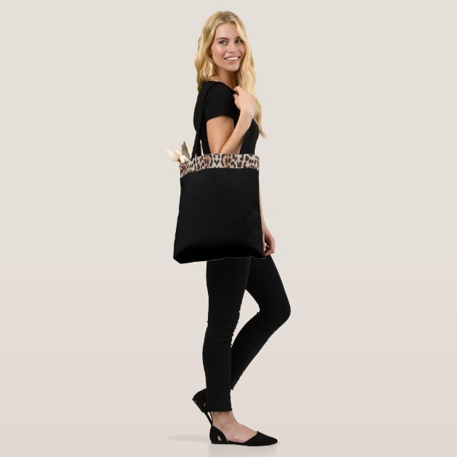 Black Tote Bag with Leopard Print (On Model)