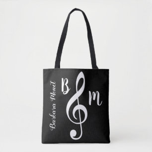 black tote monogrammed treble clef / music notes bag