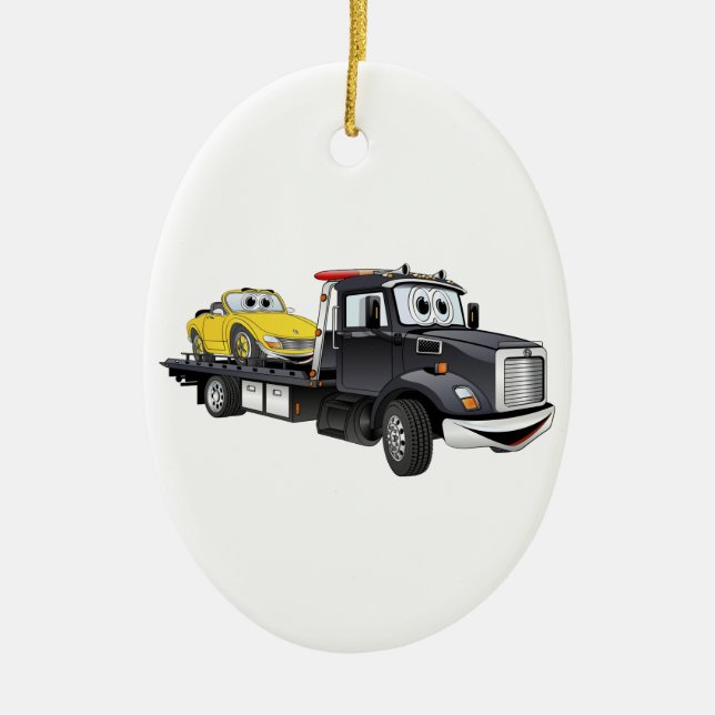 Black Tow Truck Flatbed Cartoon Ceramic Ornament (Front)