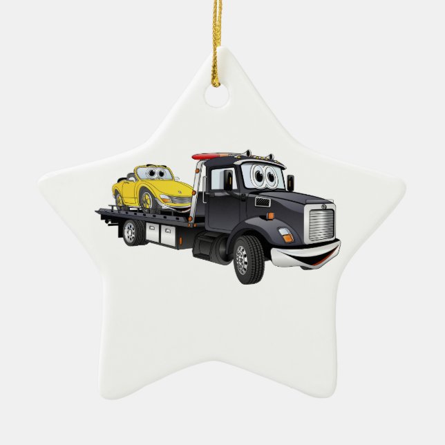 Black Tow Truck Flatbed Cartoon Ceramic Ornament (Front)