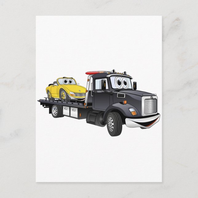Black Tow Truck Flatbed Cartoon Postcard (Front)
