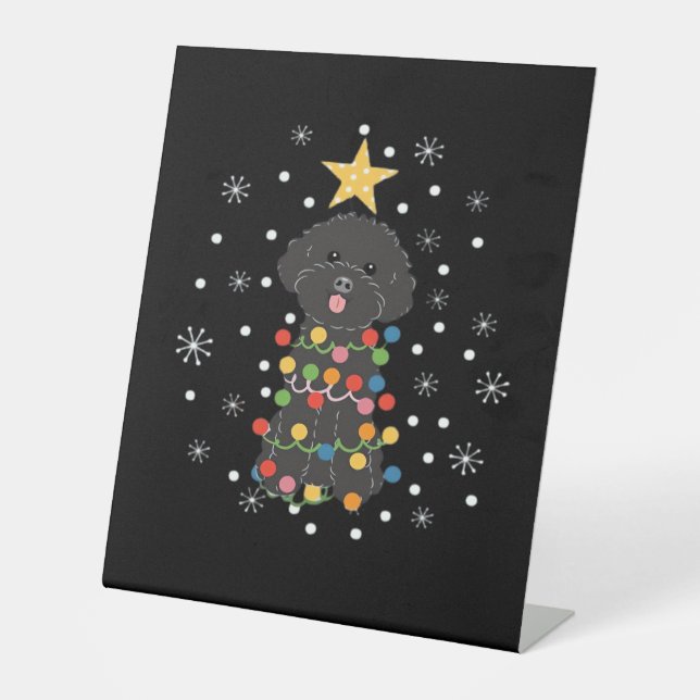 Black Toy Poodle Christmas Tree Classic T-Shirt Pedestal Sign (Front)