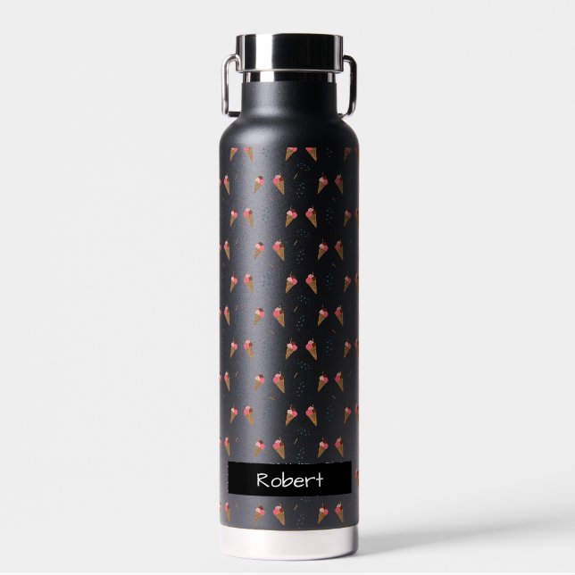 Black Transparent Ice Cream Pattern with  Name Water Bottle (Front)