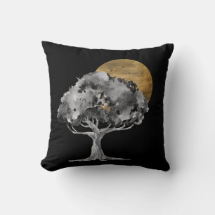 Black Tree Gold Moon Digital Art Throw Pillow