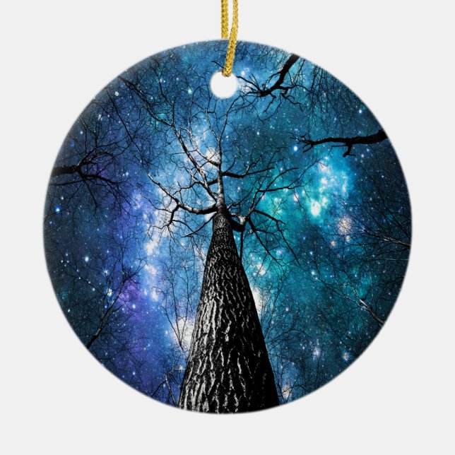 Black Trees Falling Stars Ceramic Ornament (Front)