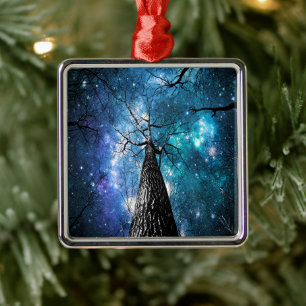 Black Trees Falling Stars Metal Ornament