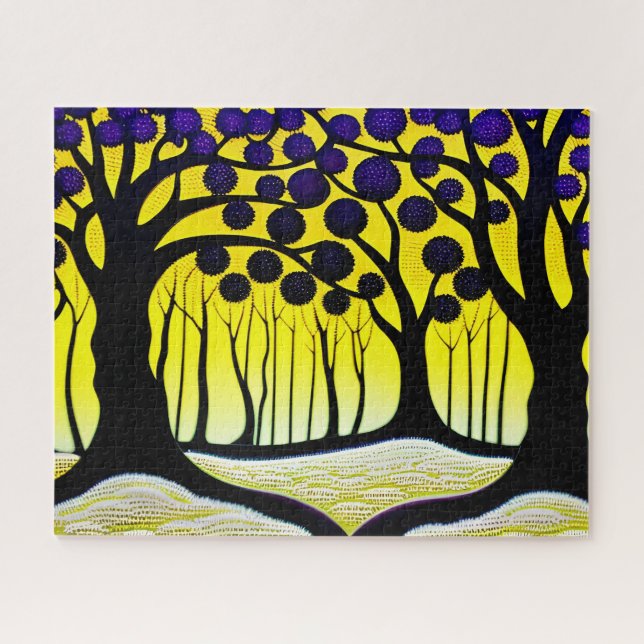 Black Trees Purple Fruit with Yellow Background Jigsaw Puzzle (Horizontal)