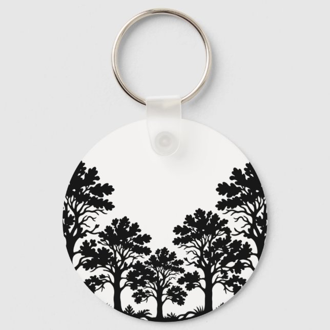 Black Trees Silhouette Round Keychain (Front)