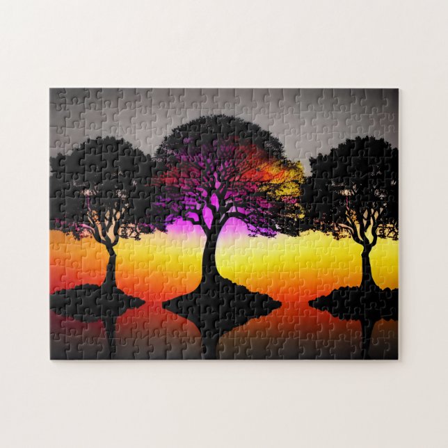 Black Trees with Sunset Background and Grey Sky Jigsaw Puzzle (Horizontal)