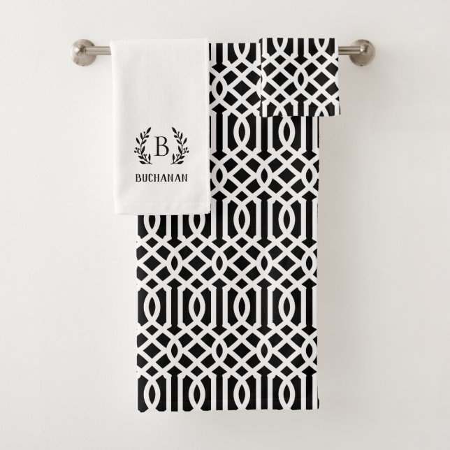 Black Trellis and Branch Monogram Bath Towel Set (Insitu)