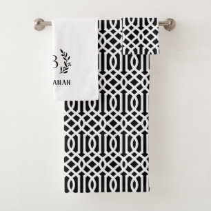 Black Trellis and Branch Monogram   Farmhouse Bath Towel Set