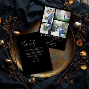 Black Trendy Collage Wedding 4 Photos Thank You Card