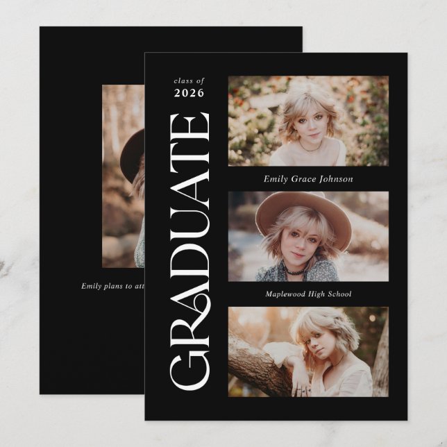 Black Trendy Serif Multiple Photo Graduation  Announcement (Front/Back)