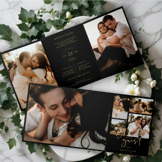 Black Trendy & Stylish Collage Wedding 7 Photos Tri-Fold Invitation