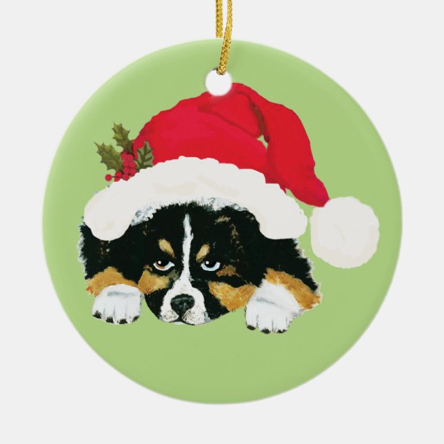 Black Tri Aussie Christmas Puppy Ceramic Ornament (Front)