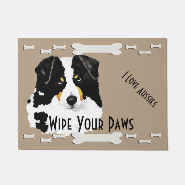 Black Tri Aussie & Dog Bones Doormat (Front)