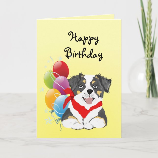 Black Tri Aussie Puppy Happy Birthday Card (Front)
