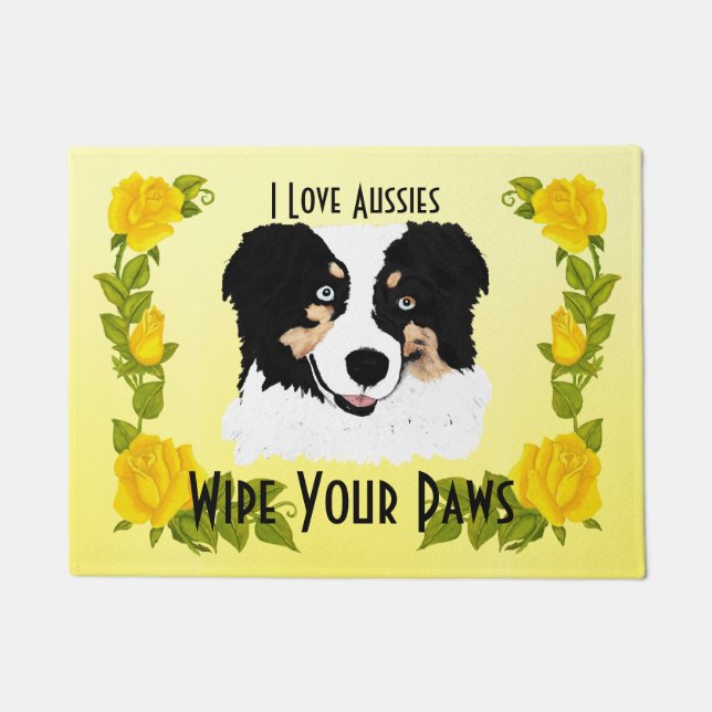 Black Tri Aussie & Yellow Roses Doormat (Front)