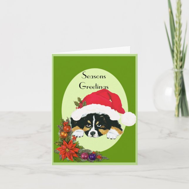 Black Tri Christmas Puppy in a Santa Hat Note Card (Front)