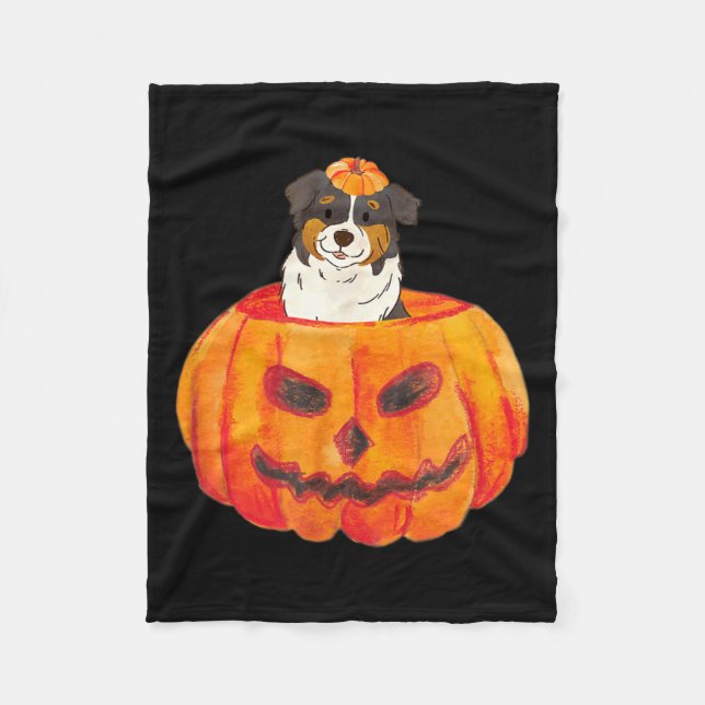 Black Tri Colour Aussie Dog Happy Halloween Pumpki Fleece Blanket (Front)