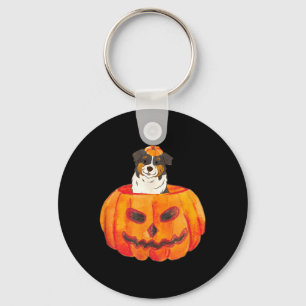 Black Tri Colour Aussie Dog Happy Halloween Pumpki Keychain