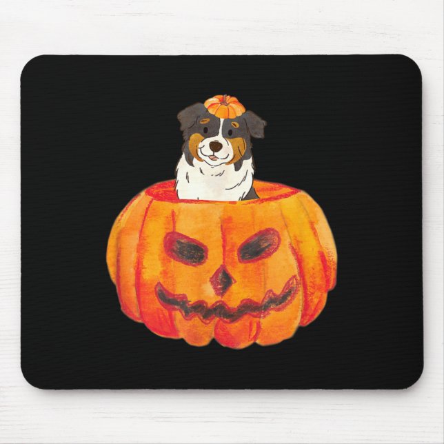 Black Tri Colour Aussie Dog Happy Halloween Pumpki Mouse Pad (Front)