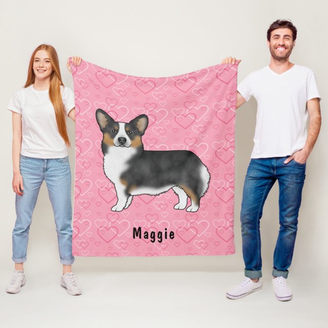 Black Tri Pembroke Welsh Corgi Hearts With Name Fleece Blanket (In Situ)