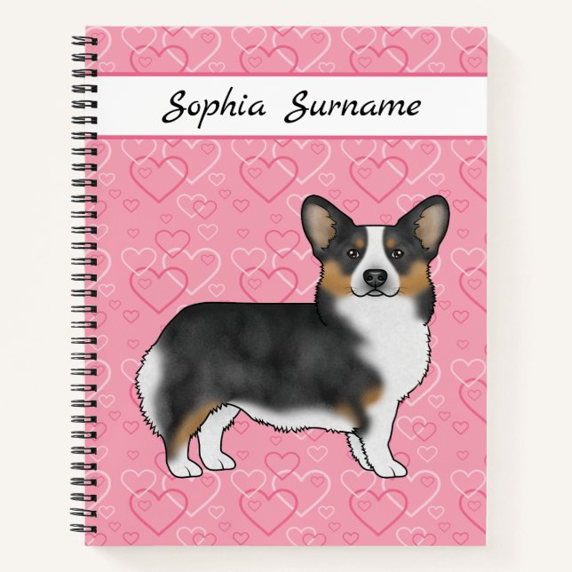 Black Tri Pembroke Welsh Corgi Hearts With Name Notebook (Front)