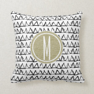 Black Triangles Gold Glitter Monogram Throw Pillow