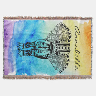 Black Tribal Elephant Rainbow Watercolor Custom Throw Blanket