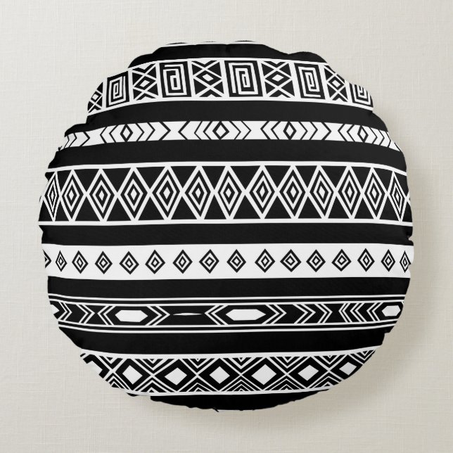 Black Tribal Ethnic Pattern Round Pillow (Front)