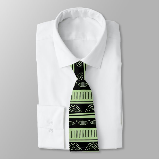 Black tribal pattern on mint-green tie (Tied)