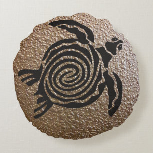 Black Tribal Spiral Sea Turtle Round Pillow
