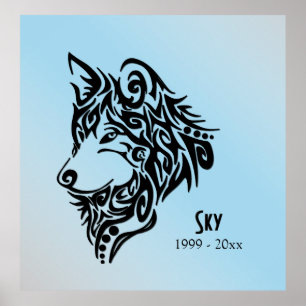 Black Tribal Wolf Memorial with Name Date Poster