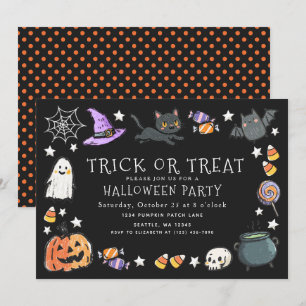 Black Trick or Treat Kids Crayon Halloween Party  Invitation