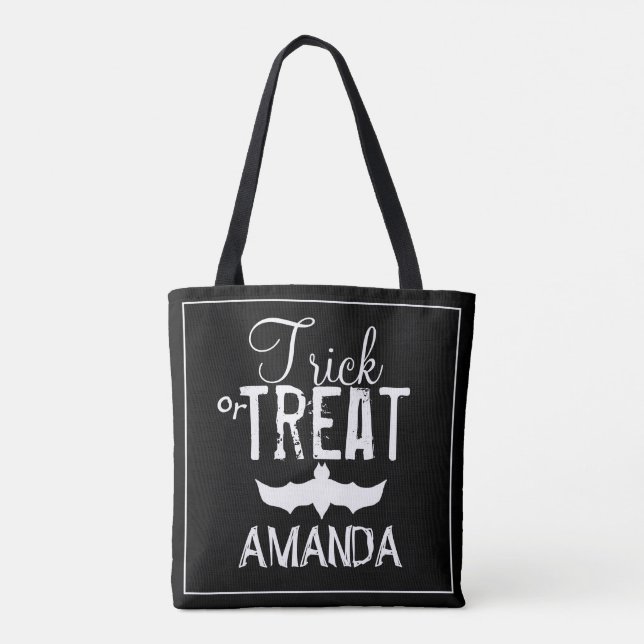 Black trick or treat typography Bat Tote Bag (Back)