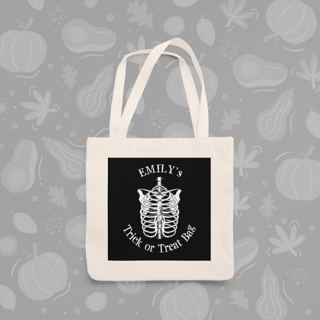 Black trick or treat typography Bat Tote Bag (Fun Halloween custom trick or treat personalized bag.)
