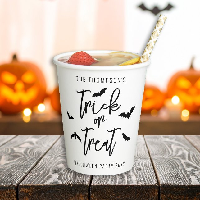 Black Trick Or Treat Typography Bats Halloween Paper Cups (Creator Uploaded)