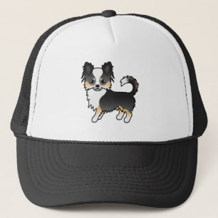 Black Tricolor Long Coat Chihuahua Cartoon Dog Trucker Hat