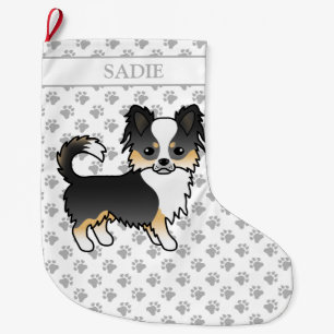 Black Tricolor Long Coat Chihuahua Dog & Name Large Christmas Stocking