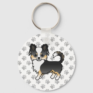 Black Tricolor Long Coat Chihuahua Dog & Paws Keychain