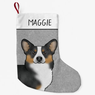 Black Tricolor Pembroke Welsh Corgi Head And Name Small Christmas Stocking
