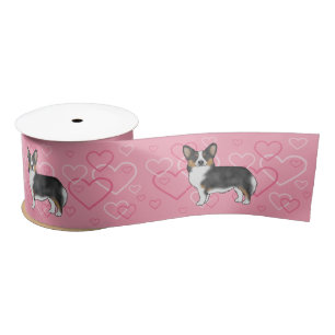 Black Tricolor Pembroke Welsh Corgi Pink Hearts Satin Ribbon