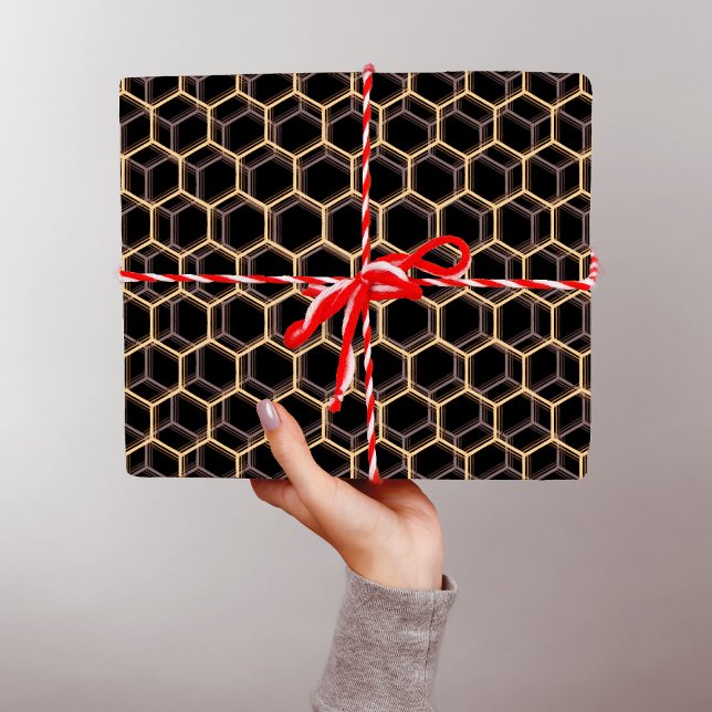 Black Trippy Honeycomb Hexagon Pattern Cool Dark Wrapping Paper (Creator Uploaded)