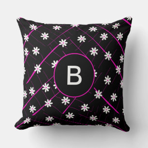 black tropical banana leaf and flowers botanical throw pillow