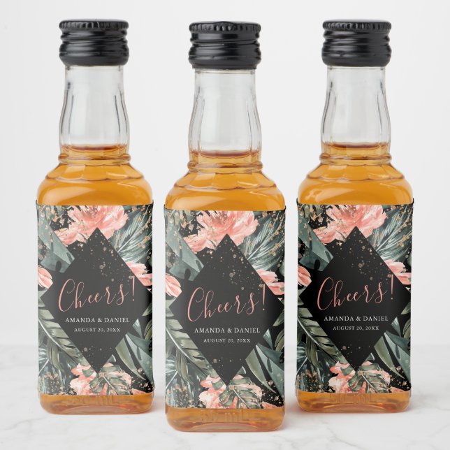 Black Tropical Floral Wedding Mini Liquor Label (Bottles)